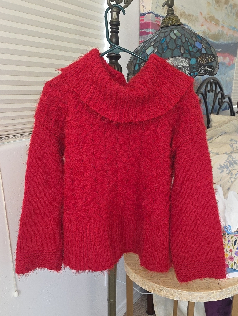 Red Cable Knit Cowl Neck Sweater